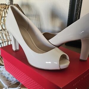 Kelly & Katie Glossy Beige Peep Toe Heels